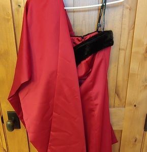 Strapless red gown with faux fur trim